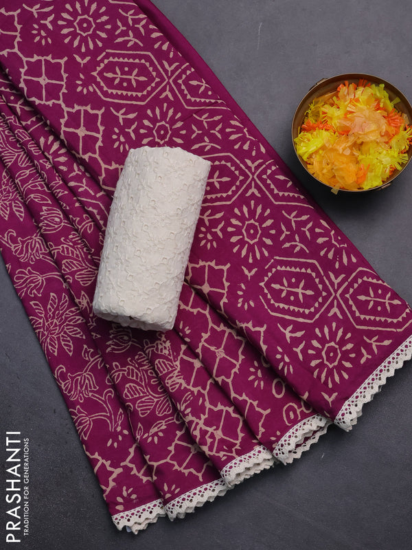 Semi pashmina silk saree pueple and cream with allover prints and crocia lace work border