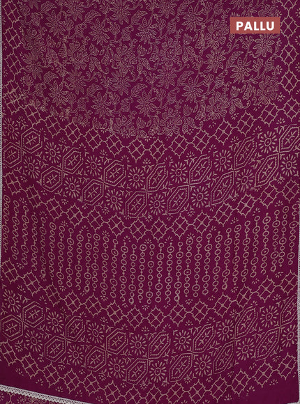 Semi pashmina silk saree pueple and cream with allover prints and crocia lace work border