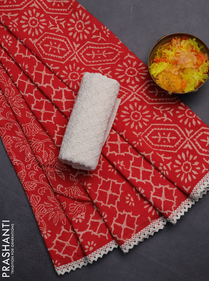 Semi pashmina silk saree red and cream with allover prints and crocia lace work border