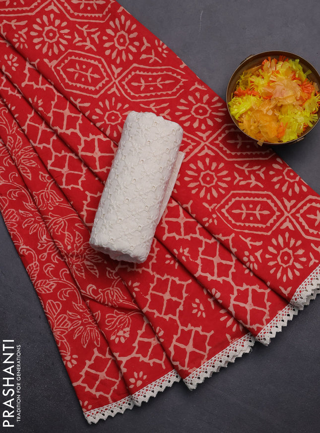 Semi pashmina silk saree red and cream with allover prints and crocia lace work border