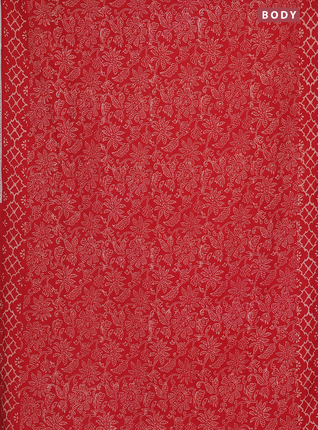 Semi pashmina silk saree red and cream with allover prints and crocia lace work border