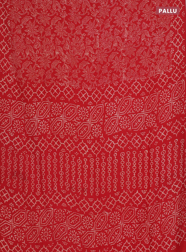 Semi pashmina silk saree red and cream with allover prints and crocia lace work border