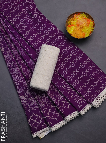 Semi pashmina silk saree violet and cream with allover prints and crocia lace work border