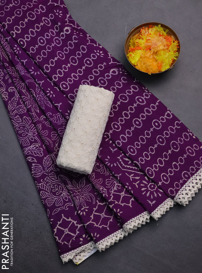 Semi pashmina silk saree violet and cream with allover prints and crocia lace work border