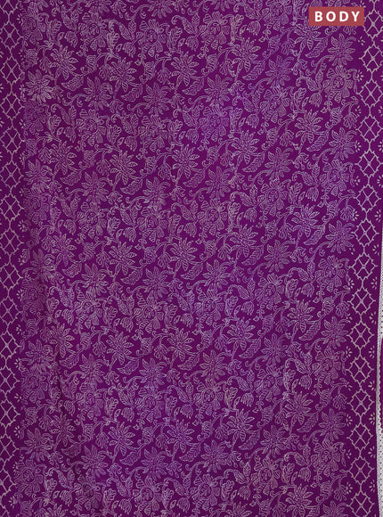 Semi pashmina silk saree violet and cream with allover prints and crocia lace work border