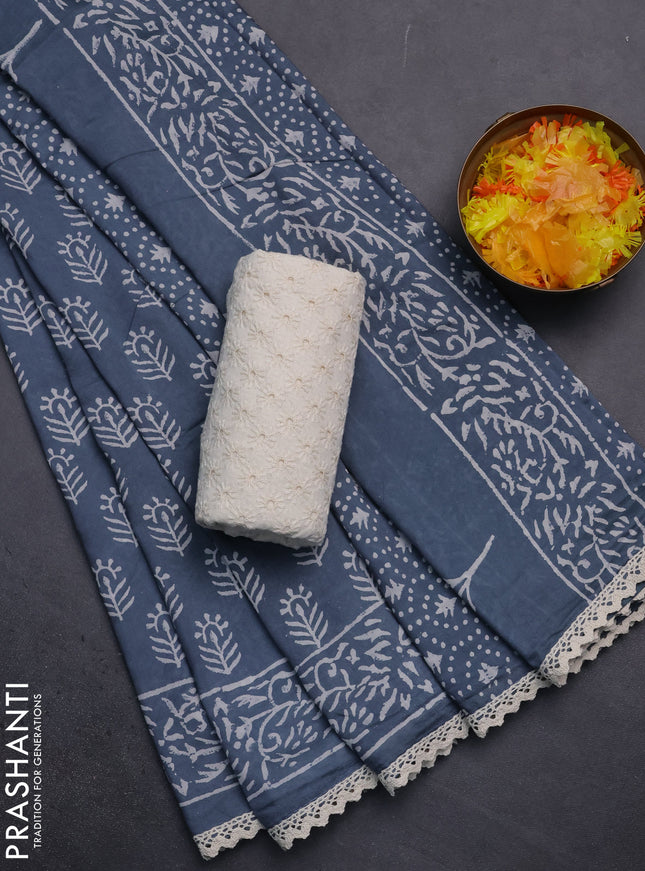 Semi pashmina silk saree grey and cream with allover butta prints and crocia lace work border