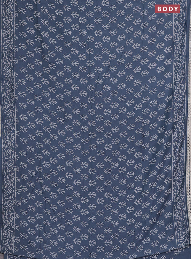 Semi pashmina silk saree grey and cream with allover butta prints and crocia lace work border