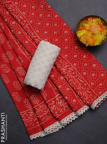 Semi pashmina silk saree red and cream with allover butta prints and crocia lace work border