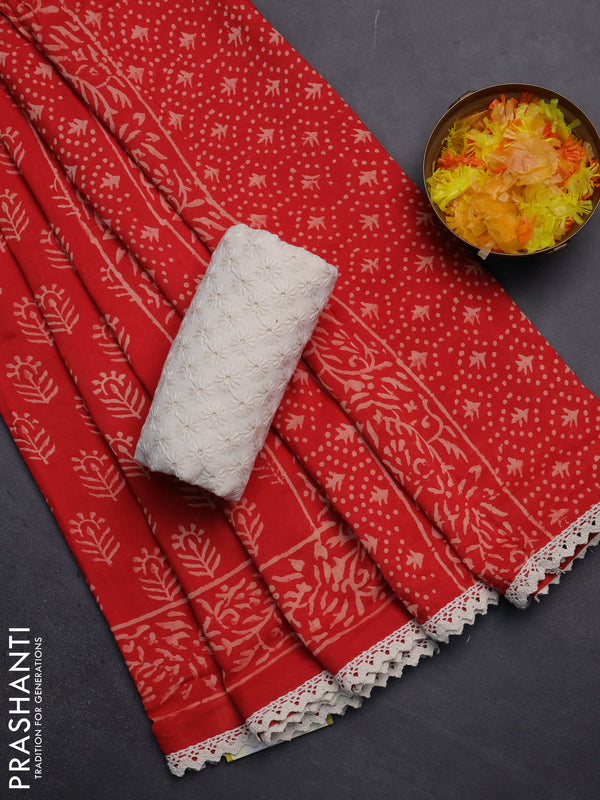 Semi pashmina silk saree red and cream with allover butta prints and crocia lace work border