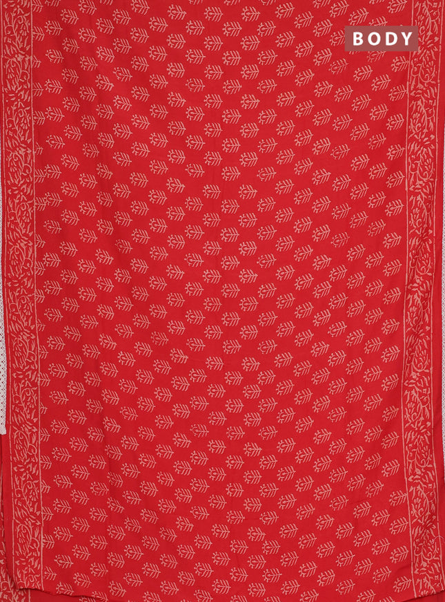 Semi pashmina silk saree red and cream with allover butta prints and crocia lace work border