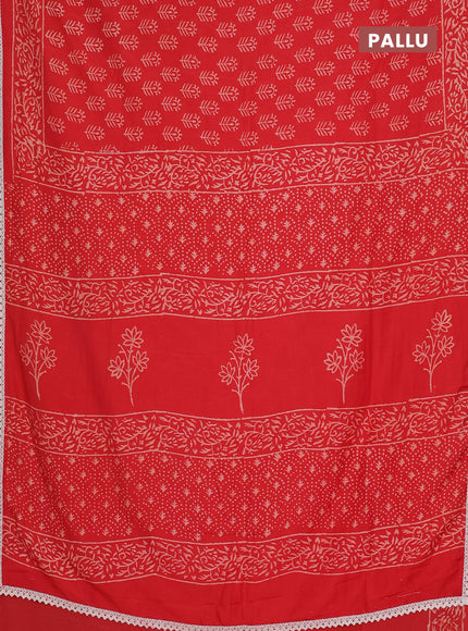 Semi pashmina silk saree red and cream with allover butta prints and crocia lace work border