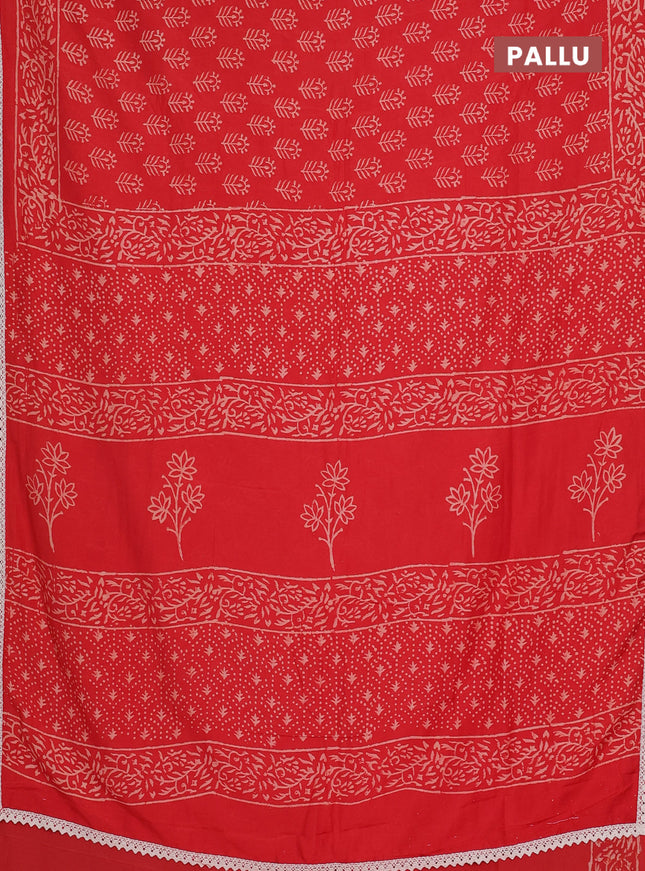 Semi pashmina silk saree red and cream with allover butta prints and crocia lace work border