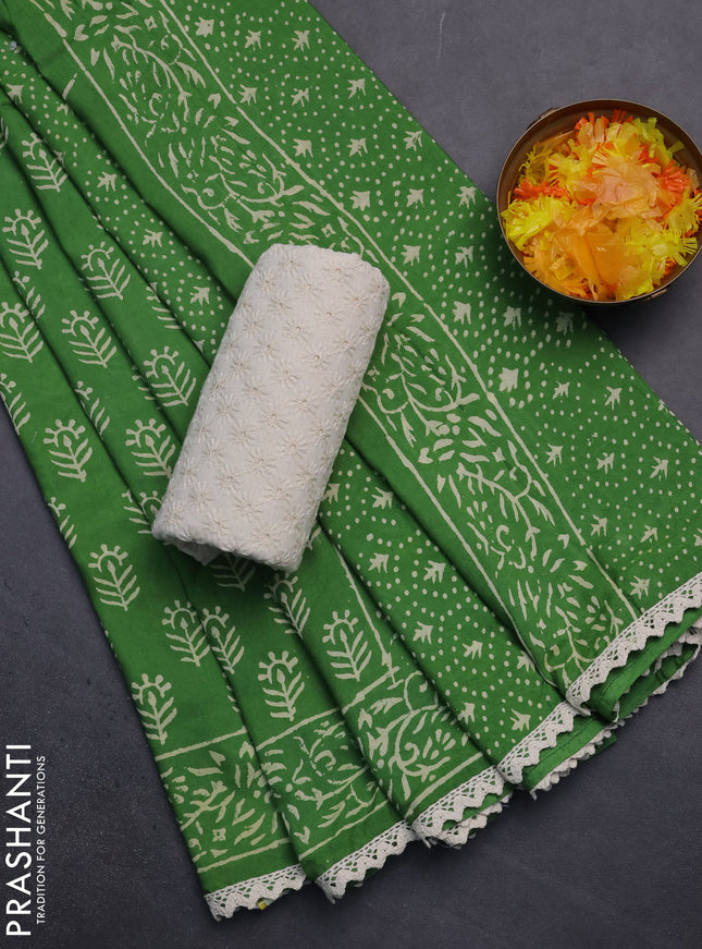 Semi pashmina silk saree green and cream with allover butta prints and crocia lace work border