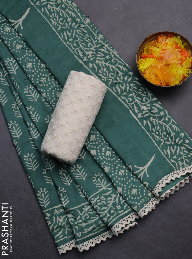 Semi pashmina silk saree green and cream with allover butta prints and crocia lace work border