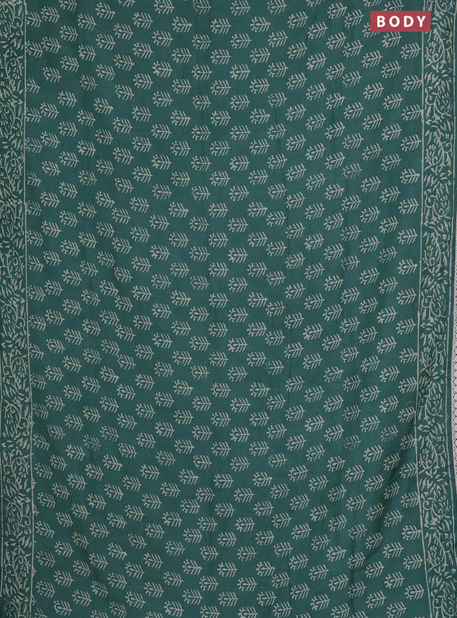 Semi pashmina silk saree green and cream with allover butta prints and crocia lace work border