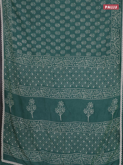 Semi pashmina silk saree green and cream with allover butta prints and crocia lace work border