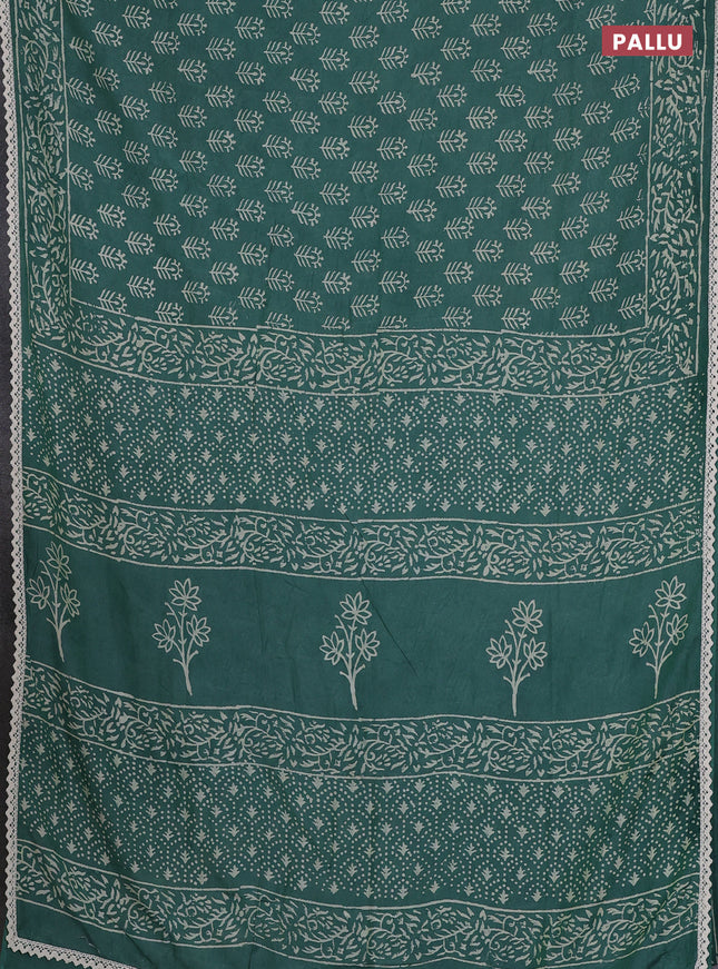 Semi pashmina silk saree green and cream with allover butta prints and crocia lace work border