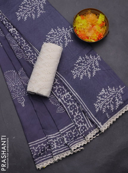 Semi pashmina silk saree bluish grey and cream with butta prints and crocia lace work border