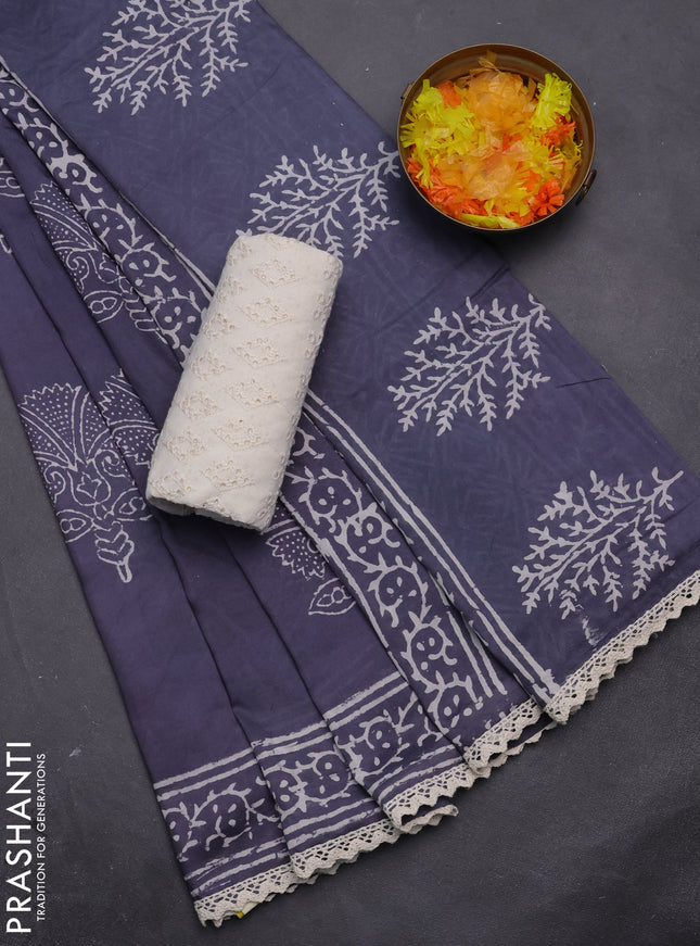 Semi pashmina silk saree bluish grey and cream with butta prints and crocia lace work border