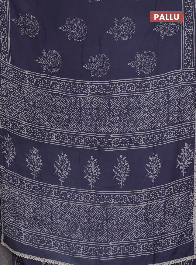 Semi pashmina silk saree bluish grey and cream with butta prints and crocia lace work border