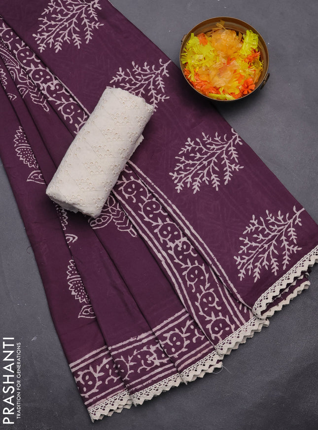 Semi pashmina silk saree wine shade and cream with butta prints and crocia lace work border