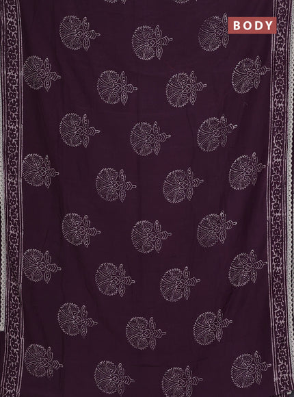 Semi pashmina silk saree wine shade and cream with butta prints and crocia lace work border
