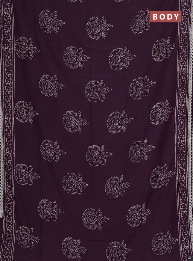 Semi pashmina silk saree wine shade and cream with butta prints and crocia lace work border