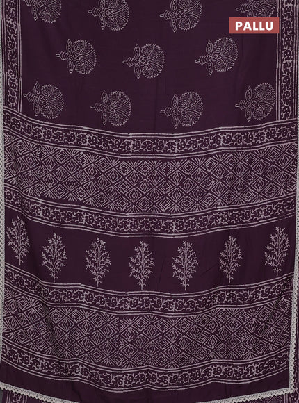 Semi pashmina silk saree wine shade and cream with butta prints and crocia lace work border