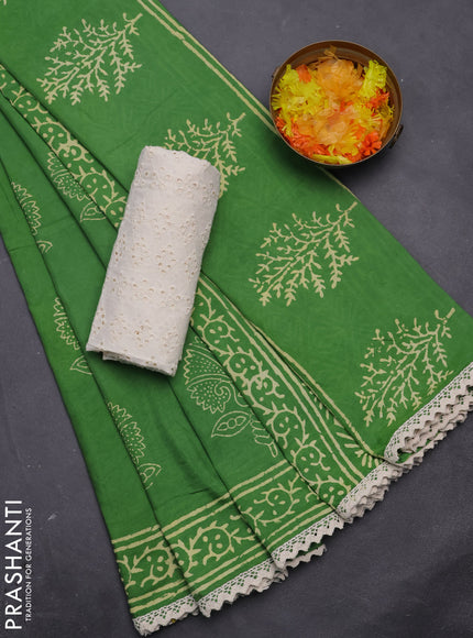 Semi pashmina silk saree green and cream with butta prints and crocia lace work border
