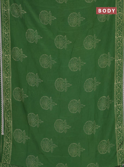Semi pashmina silk saree green and cream with butta prints and crocia lace work border