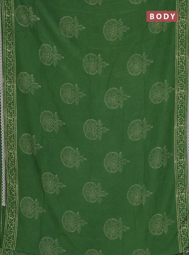 Semi pashmina silk saree green and cream with butta prints and crocia lace work border