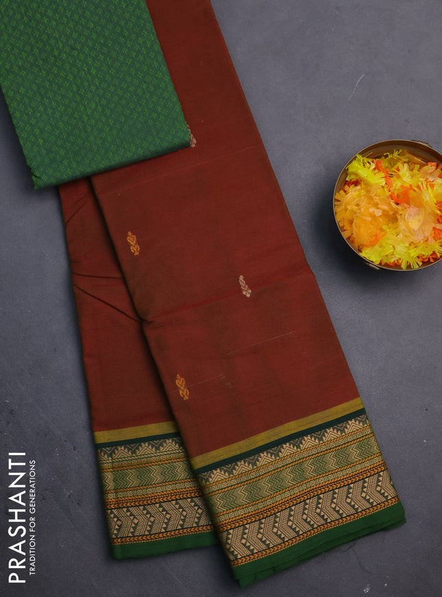 Chettinad cotton saree dual shade of maroon and green with thread woven buttas and thread woven border