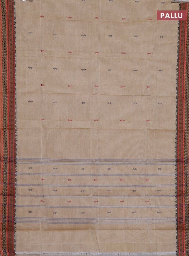 Chettinad cotton saree beige and brown with thread woven buttas and thread woven border