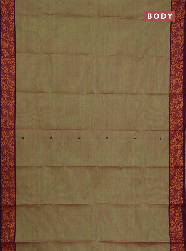 Chettinad cotton saree light green and dark magenta pink with thread woven buttas and leaf design border