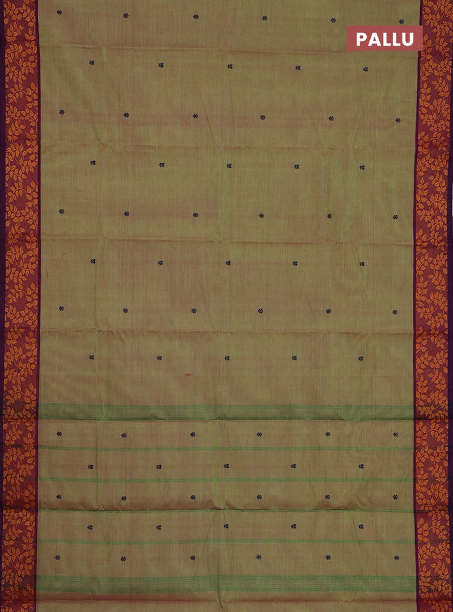 Chettinad cotton saree light green and dark magenta pink with thread woven buttas and leaf design border