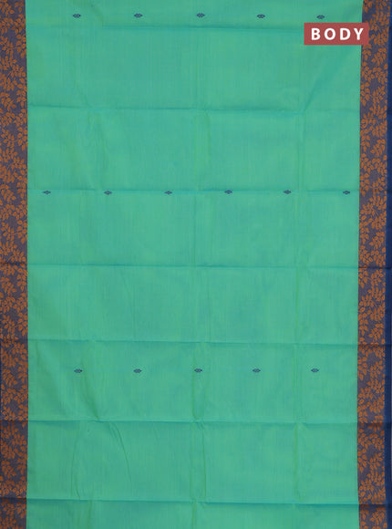 Chettinad cotton saree light green and peacock blue with thread woven buttas and leaf design border