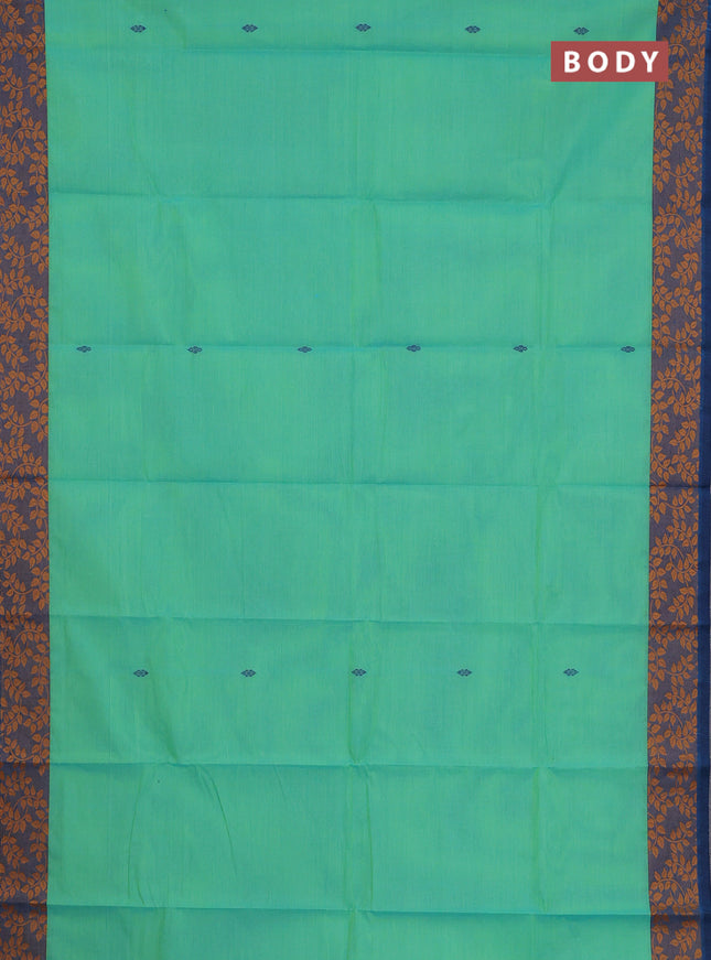 Chettinad cotton saree light green and peacock blue with thread woven buttas and leaf design border