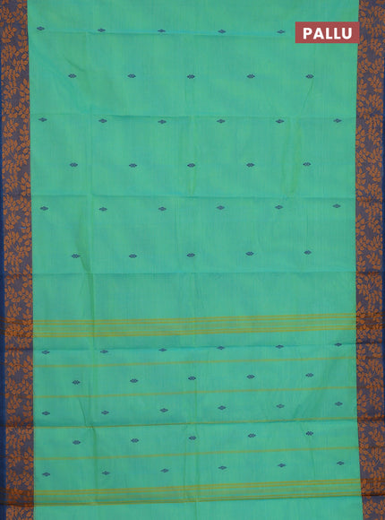 Chettinad cotton saree light green and peacock blue with thread woven buttas and leaf design border