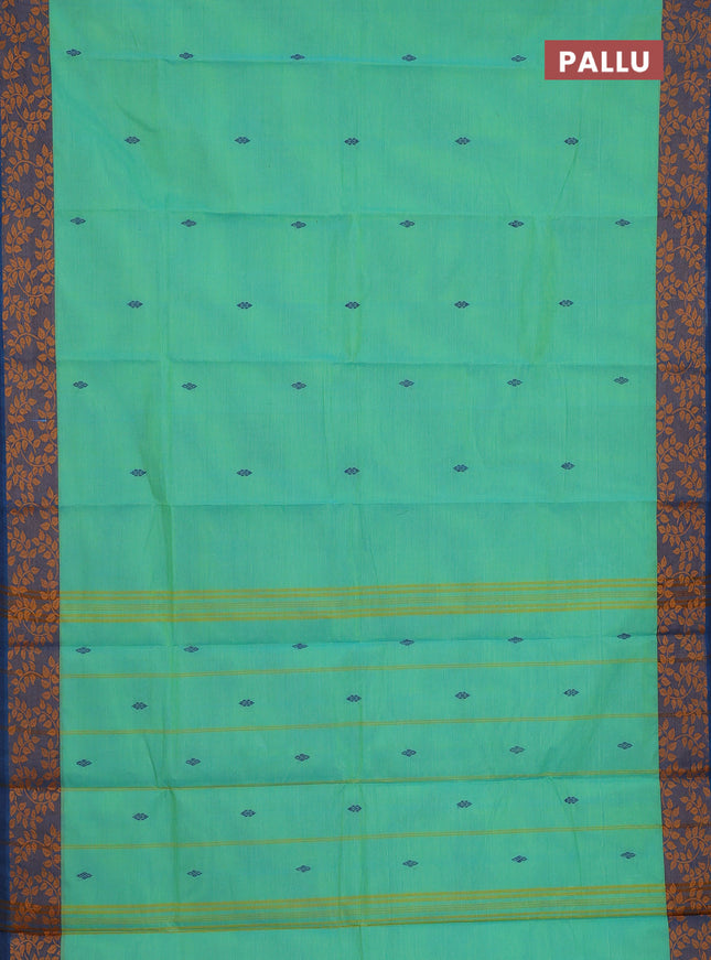 Chettinad cotton saree light green and peacock blue with thread woven buttas and leaf design border