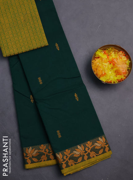 Chettinad cotton saree green and yellow with thread woven buttas and floral design border