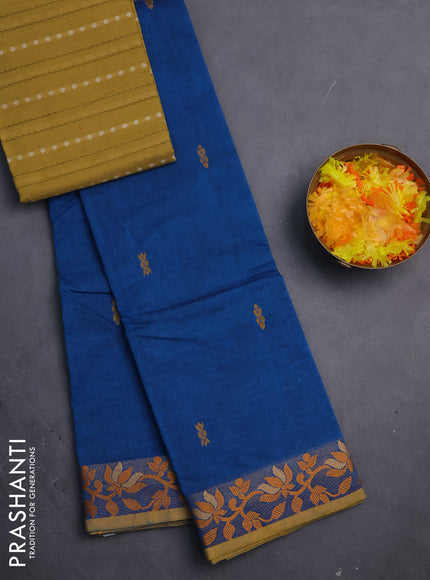 Chettinad cotton saree cs blue and yellow with thread woven buttas and floral design border