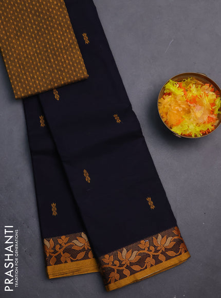 Chettinad cotton saree dark navy blue and mustard yellow with thread woven buttas and floral design border