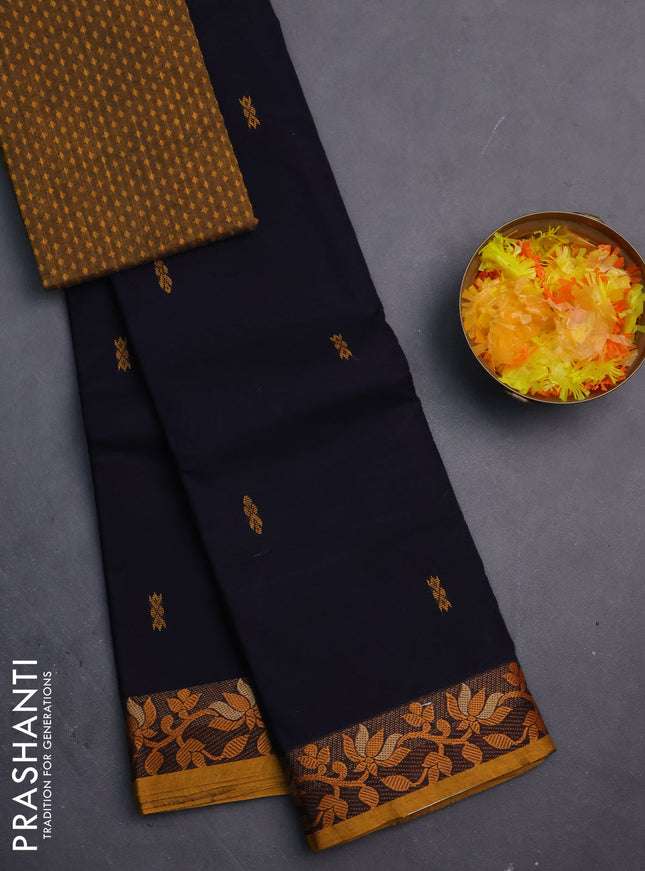 Chettinad cotton saree dark navy blue and mustard yellow with thread woven buttas and floral design border