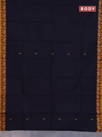 Chettinad cotton saree dark navy blue and mustard yellow with thread woven buttas and floral design border