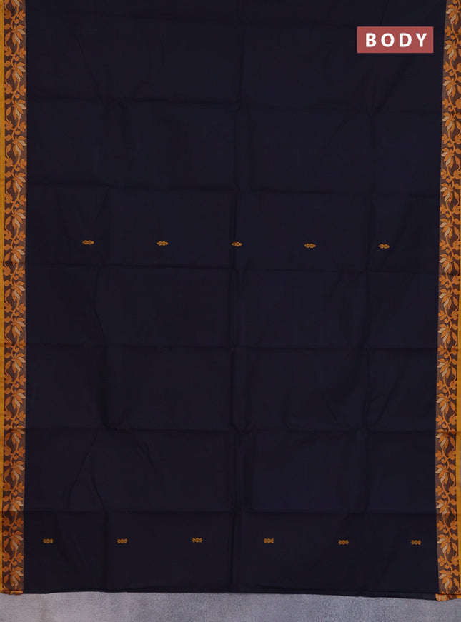 Chettinad cotton saree dark navy blue and mustard yellow with thread woven buttas and floral design border
