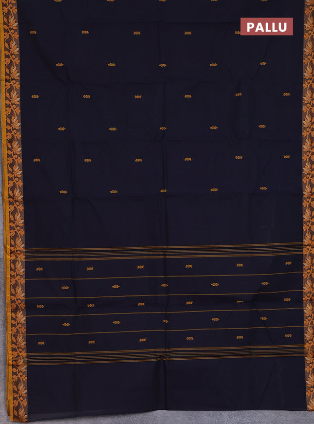 Chettinad cotton saree dark navy blue and mustard yellow with thread woven buttas and floral design border