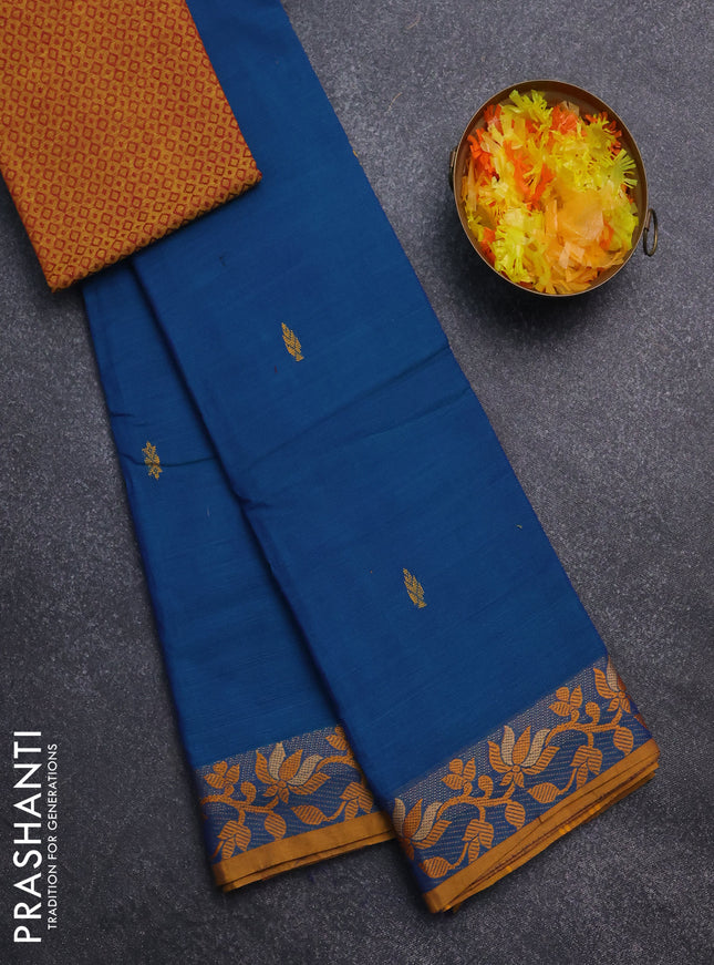 Chettinad cotton saree teal blue and yellow with thread woven buttas and floral design border