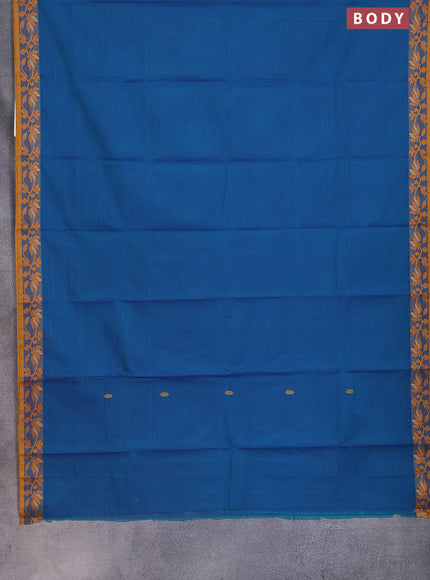 Chettinad cotton saree teal blue and yellow with thread woven buttas and floral design border