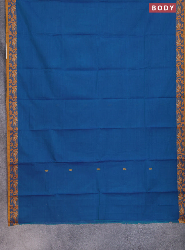 Chettinad cotton saree teal blue and yellow with thread woven buttas and floral design border