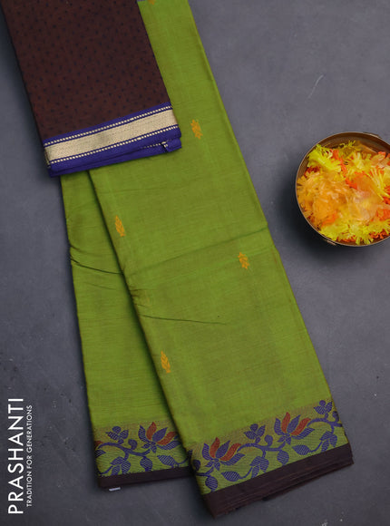 Chettinad cotton saree light green and brown with thread woven buttas and thread woven border